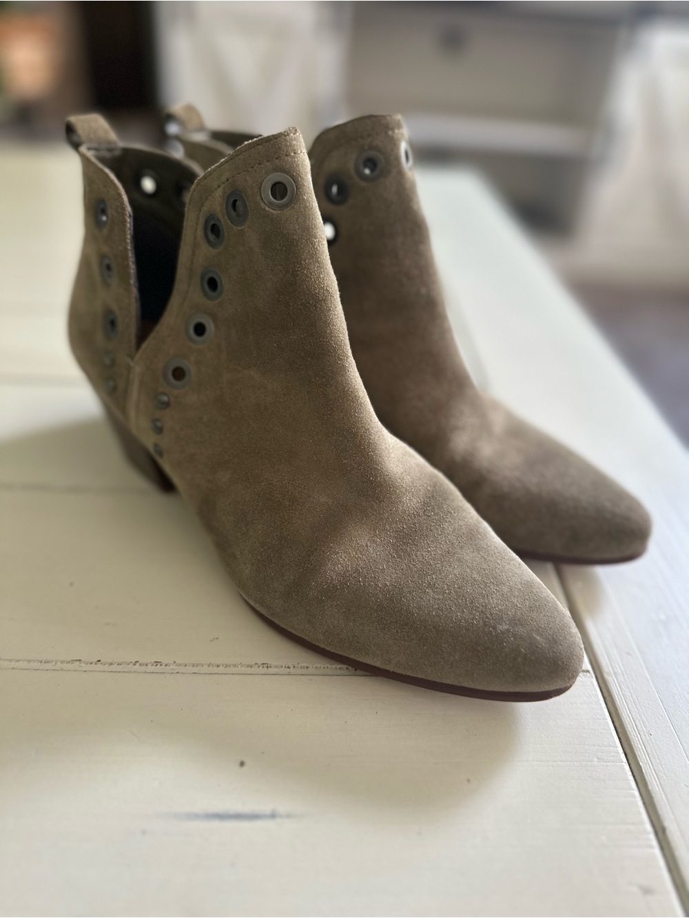Sam Edelman Olive Green Suede Ankle Booties with Eyelet Detail